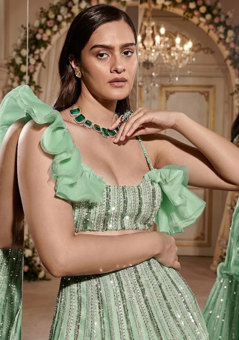 Mint Green Embroidered  Bridal Lehenga Set - Indya