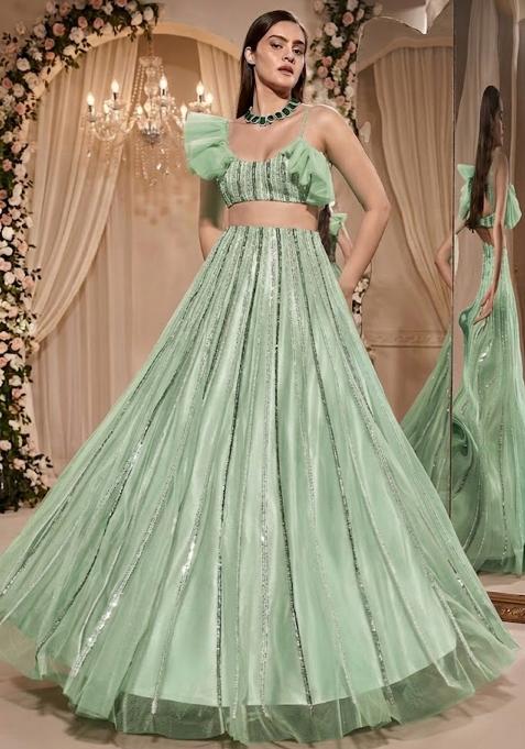 Mint Green Embroidered Bridal Lehenga Set — view on Indya