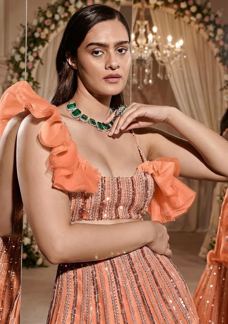 Soft Peach Embroidered  Bridal Lehenga Set - Indya