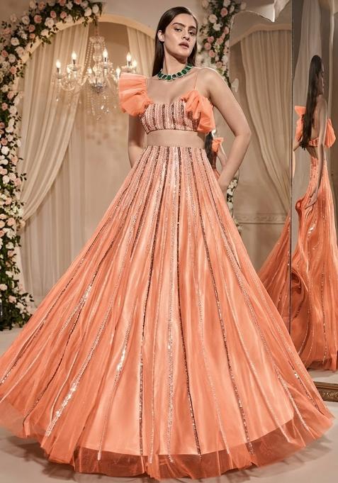 Soft Peach Embroidered Bridal Lehenga Set — view on Indya