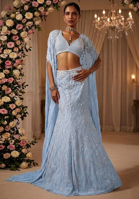 Sky Blue Embellished Bridal Lehenga Set — view on Indya
