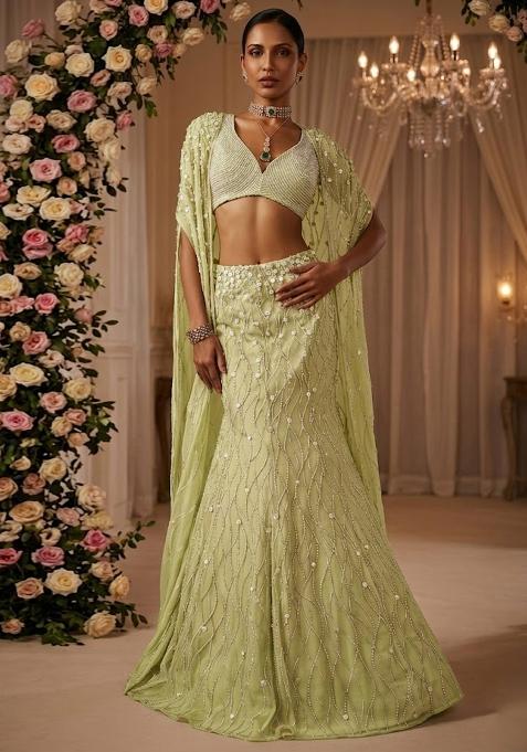 Lime Green Embellished Bridal Lehenga Set — view on Indya