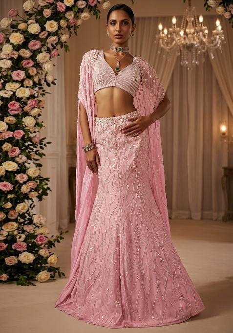 Blush Pink Embellished Bridal Lehenga Set — view on Indya