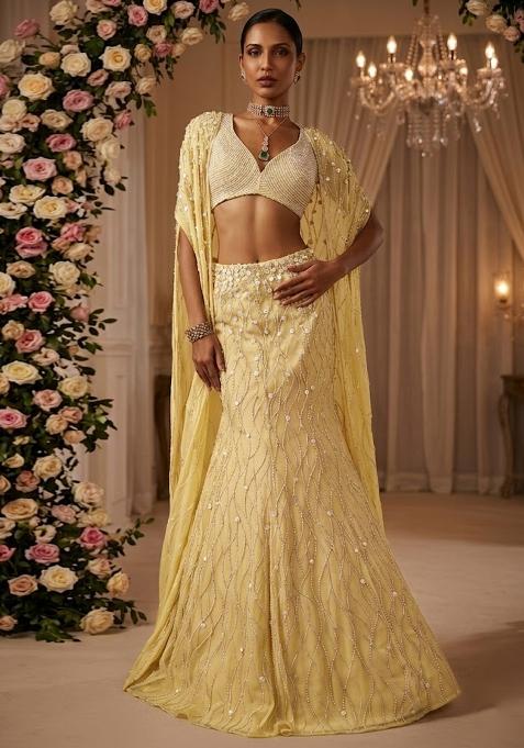 Pastel Yellow Embellished Bridal Lehenga Set — view on Indya