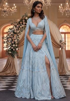 Sky Blue Embroidered  Bridal Lehenga Set