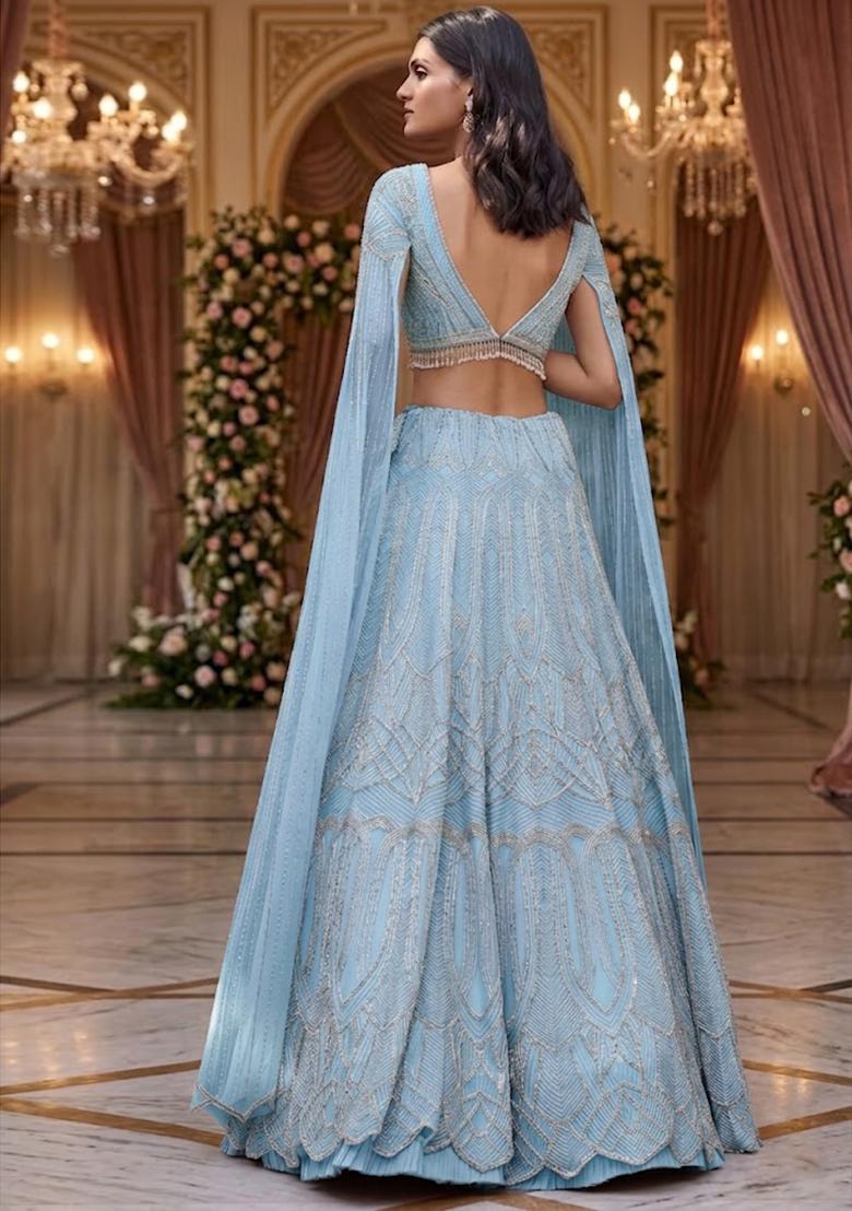 Sky Blue Embroidered  Bridal Lehenga Set - Indya