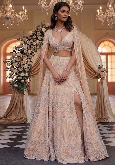 Beige Embroidered Bridal Lehenga Set — view on Indya