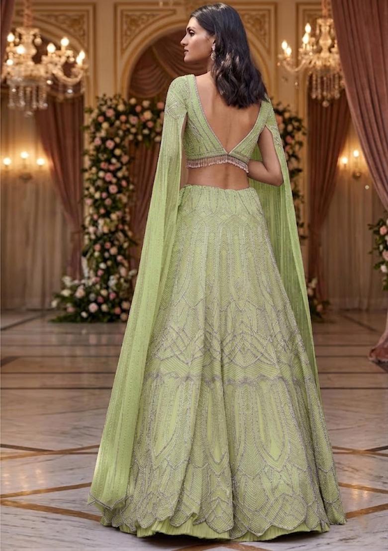 Lime Green Embroidered  Bridal Lehenga Set - Indya