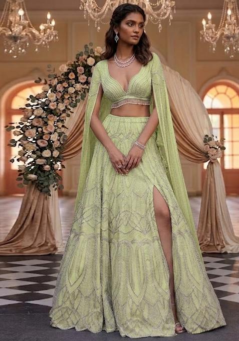 Lime Green Embroidered Bridal Lehenga Set — view on Indya