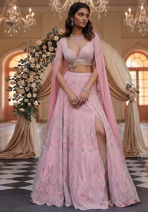 Rose Pink Embroidered Bridal Lehenga Set — view on Indya