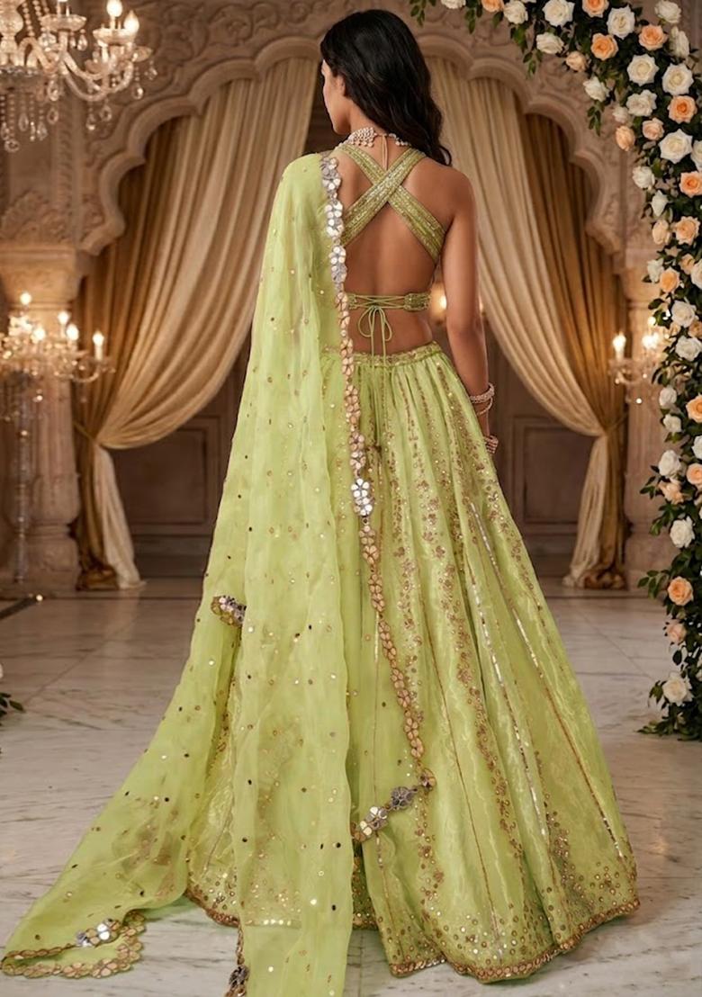 Light Green Embroidered&nbsp; Bridal Lehenga Set - Indya