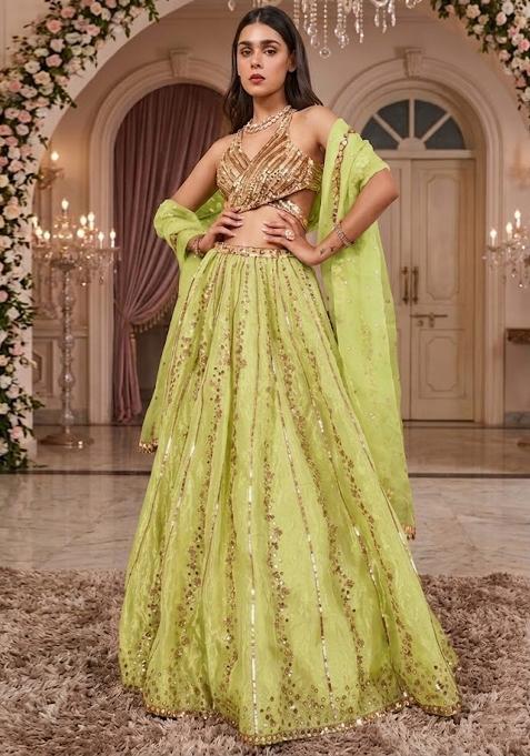 Light Green Embroidered Bridal Lehenga Set — view on Indya