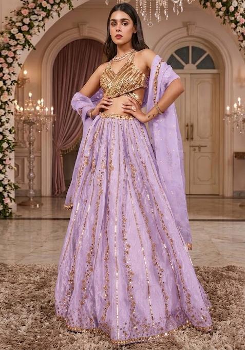 Lavendar Embroidered Bridal Lehenga Set — view on Indya