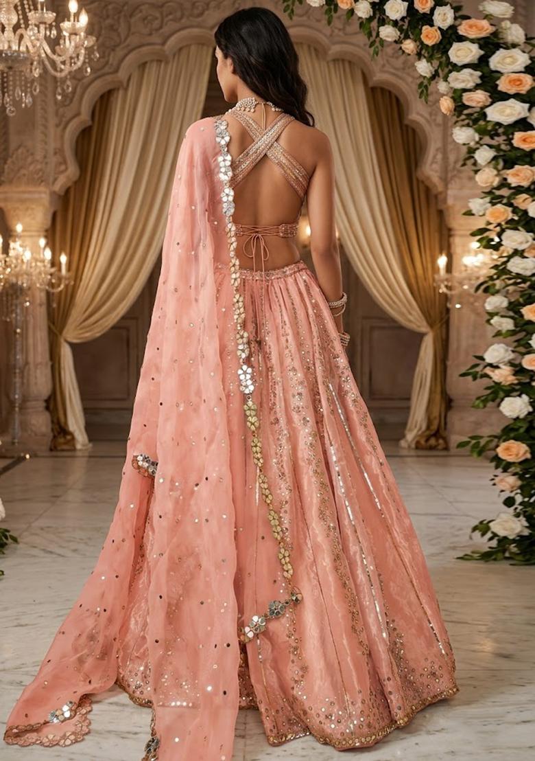 Soft Peach Embroidered&nbsp; Bridal Lehenga Set - Indya