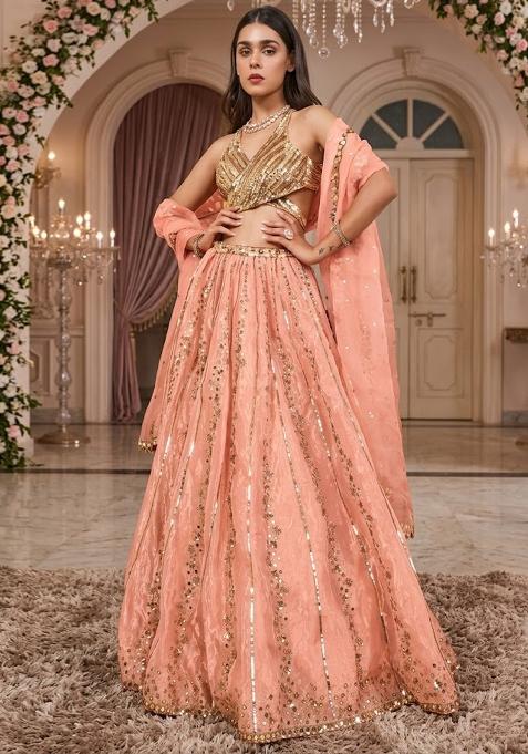 Soft Peach Embroidered Bridal Lehenga Set — view on Indya