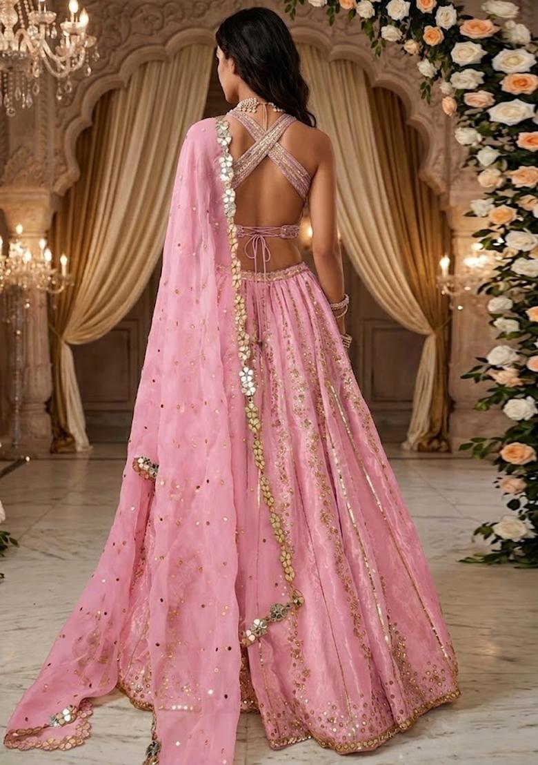 Blush Pink Embroidered&nbsp; Bridal Lehenga Set - Indya