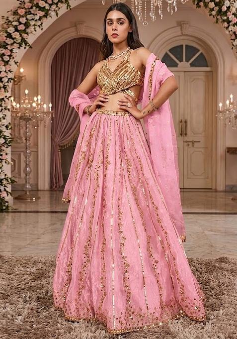 Blush Pink Embroidered Bridal Lehenga Set — view on Indya