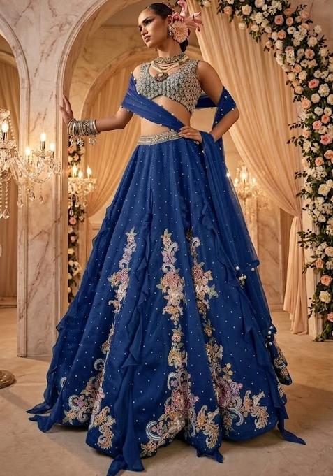 Blue Embellished Bridal Lehenga Set — view on Indya