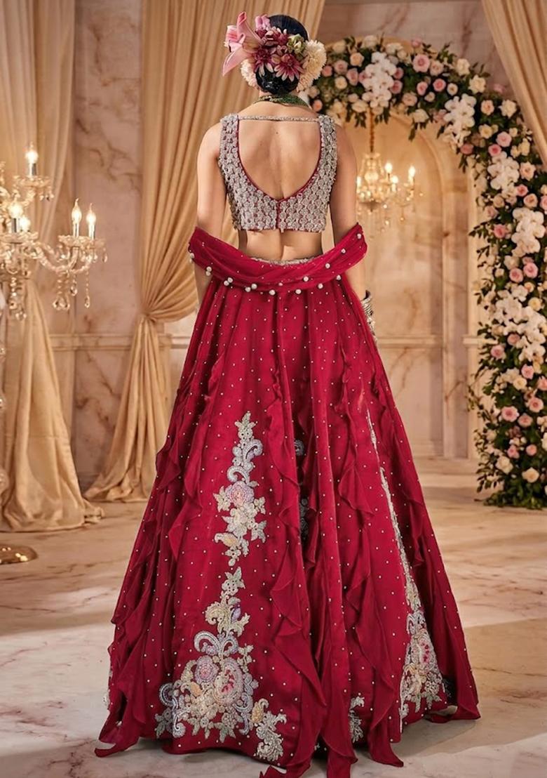 Deep Red Embellished  Bridal Lehenga Set - Indya
