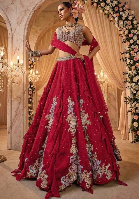 Deep Red Embellished Bridal Lehenga Set — view on Indya