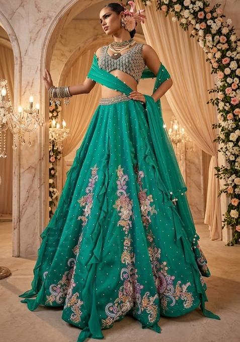 Teal Green Embellished Bridal Lehenga Set — view on Indya