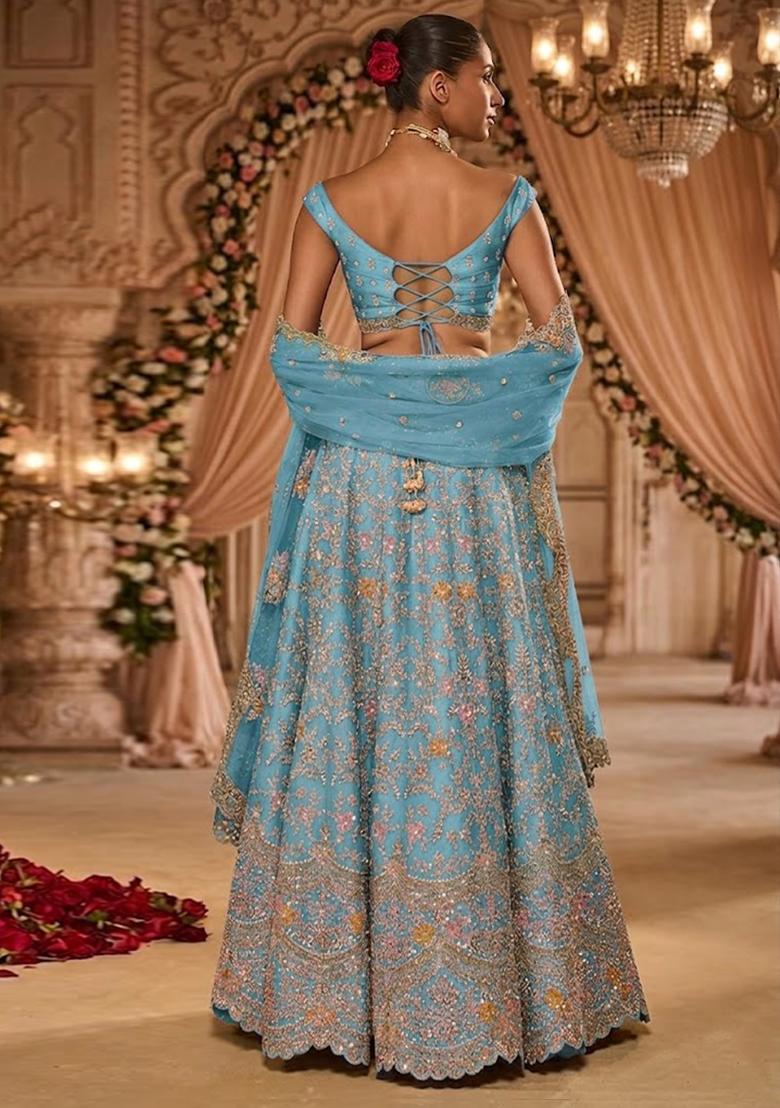 Sky Blue Embroidered Bridal Lehenga Set - Indya