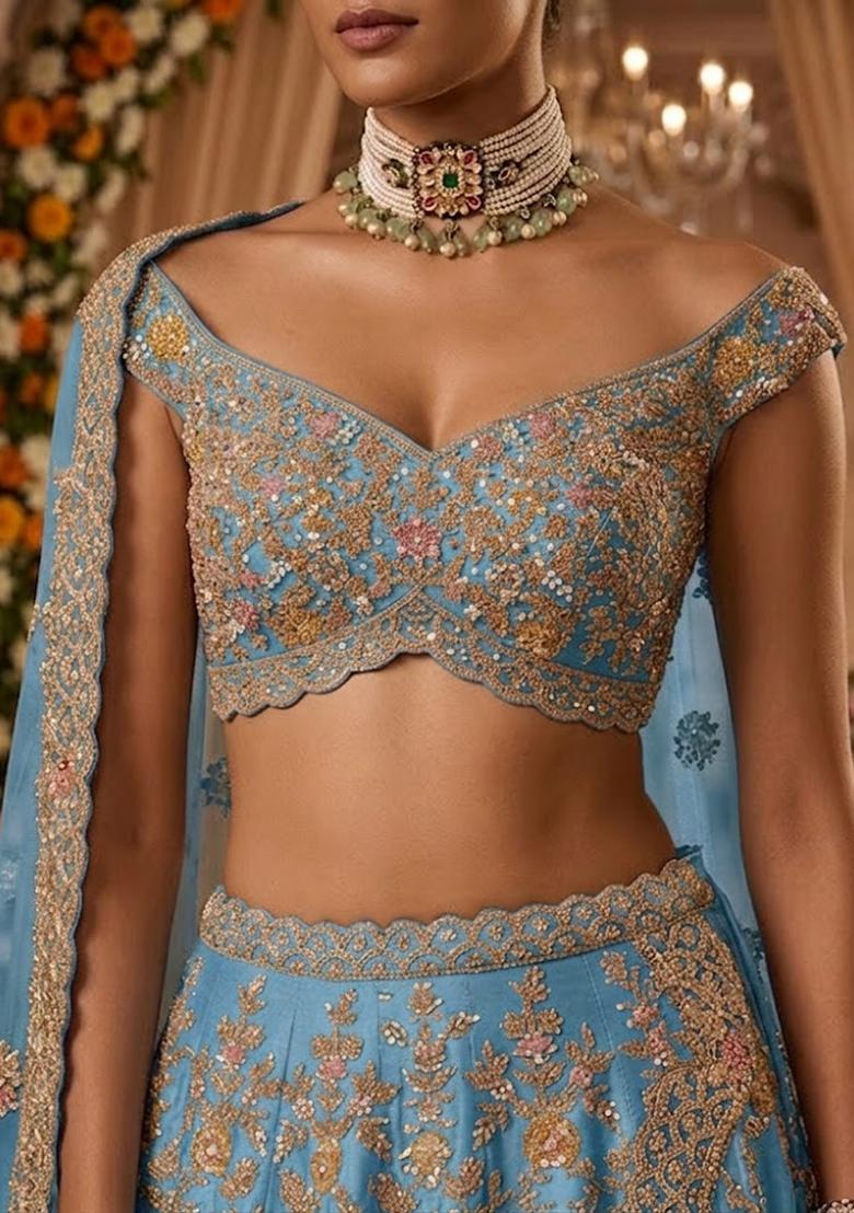 Sky Blue Embroidered Bridal Lehenga Set - Indya