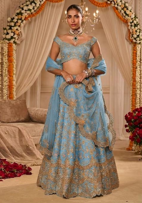 Sky Blue Embroidered Bridal Lehenga Set — view on Indya