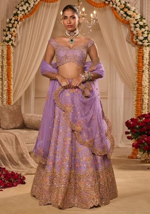 Lavendar Embroidered Bridal Lehenga Set — view on Indya