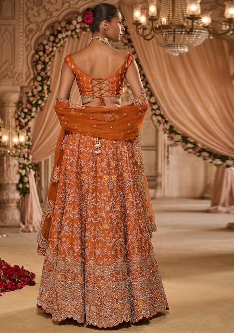 Rich Orange Embroidered Bridal Lehenga Set - Indya