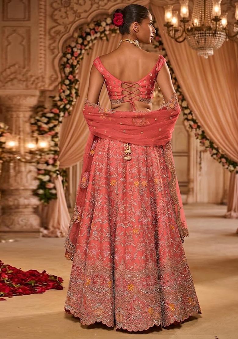 Coral Pink Embroidered Bridal Lehenga Set - Indya