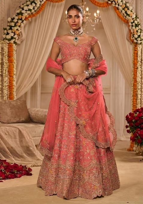 Coral Pink Embroidered Bridal Lehenga Set — view on Indya