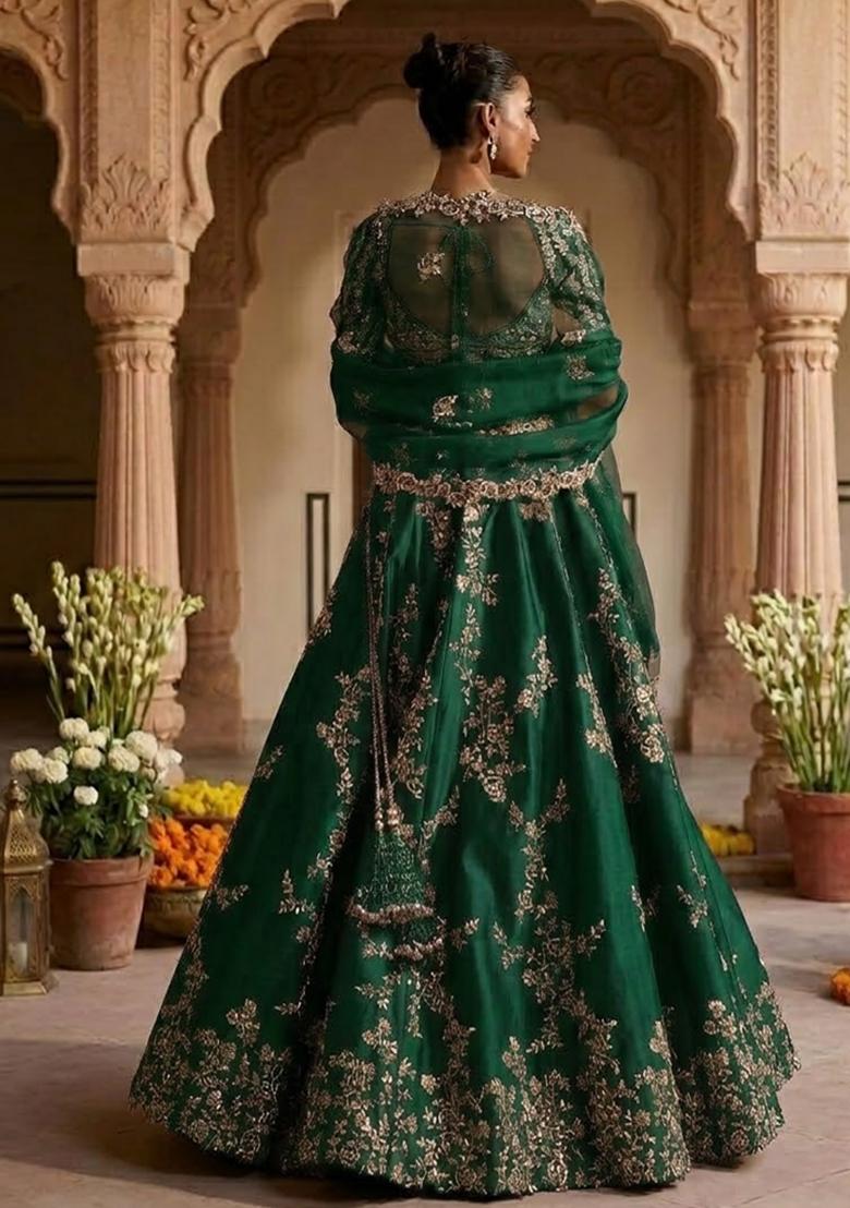 Deer Green Embroidered Bridal Lehenga Set - Indya