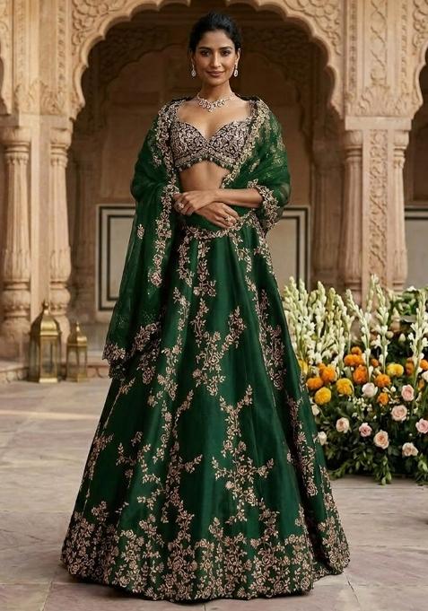 Deer Green Embroidered Bridal Lehenga Set — view on Indya
