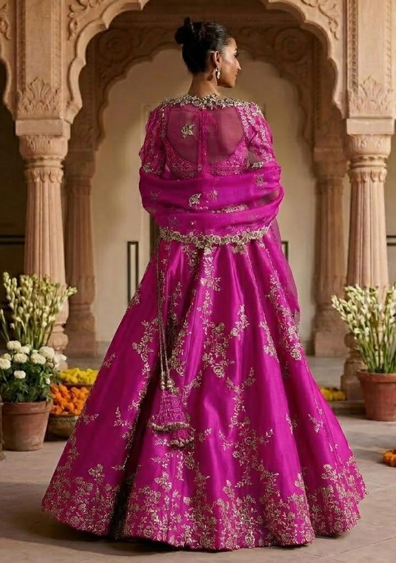 Magenta Embroidered Bridal Lehenga Set - Indya