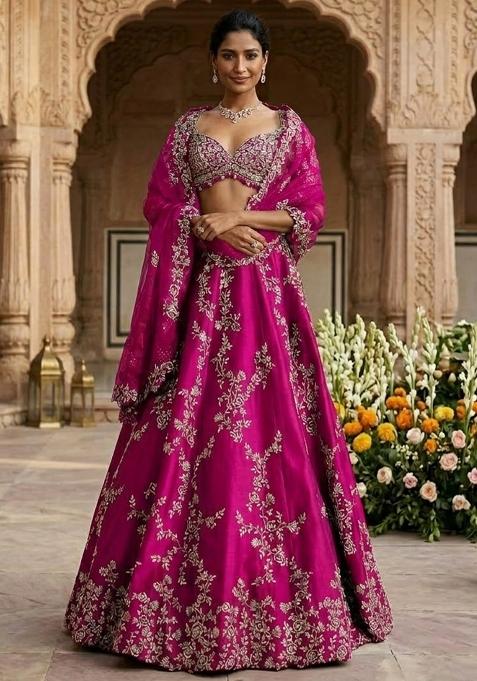 Magenta Embroidered Bridal Lehenga Set — view on Indya