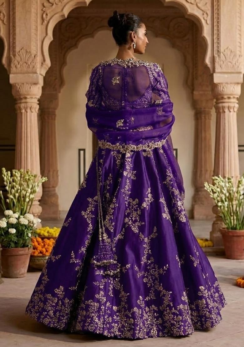 Purple Embroidered Bridal Lehenga Set - Indya
