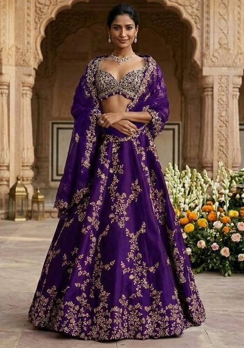 Purple Embroidered Bridal Lehenga Set — view on Indya