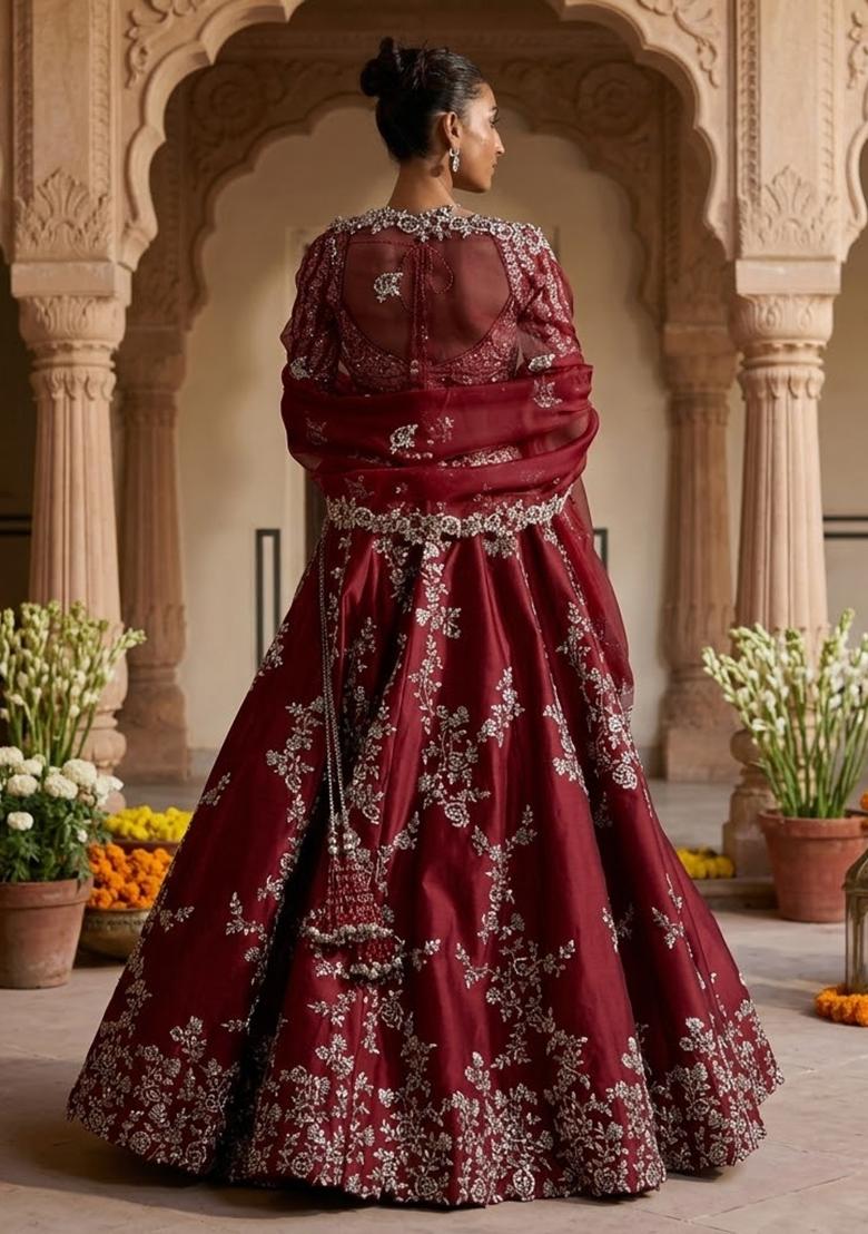 Maroon Embroidered Bridal Lehenga Set - Indya