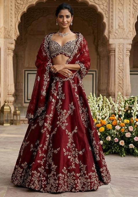 Maroon Embroidered Bridal Lehenga Set — view on Indya
