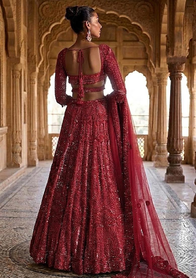 Deep Maroon Embroidered Bridal Lehenga Set - Indya