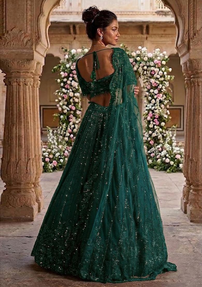 Deep Green Embroidered Bridal Lehenga Set - Indya