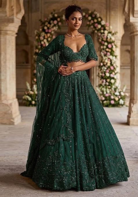 Deep Green Embroidered Bridal Lehenga Set — view on Indya