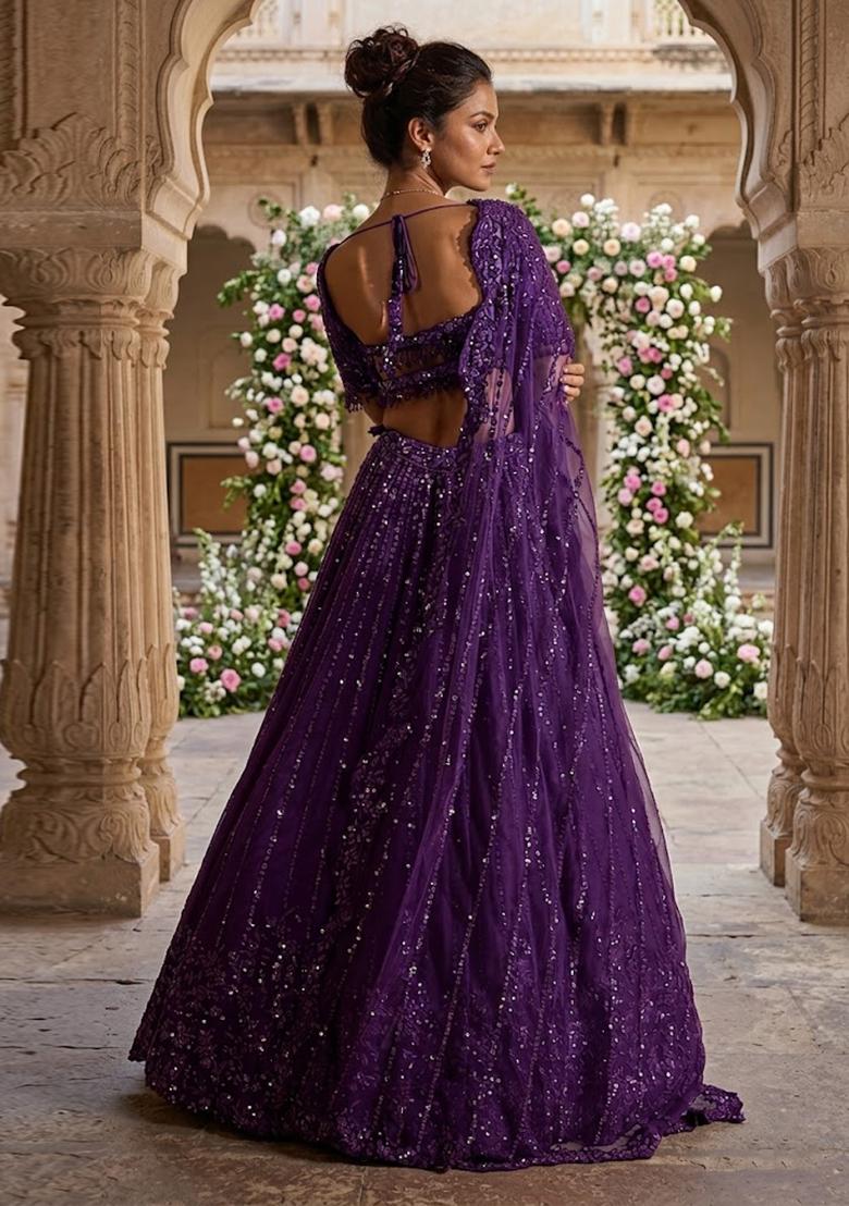 Purple Embroidered Bridal Lehenga Set - Indya