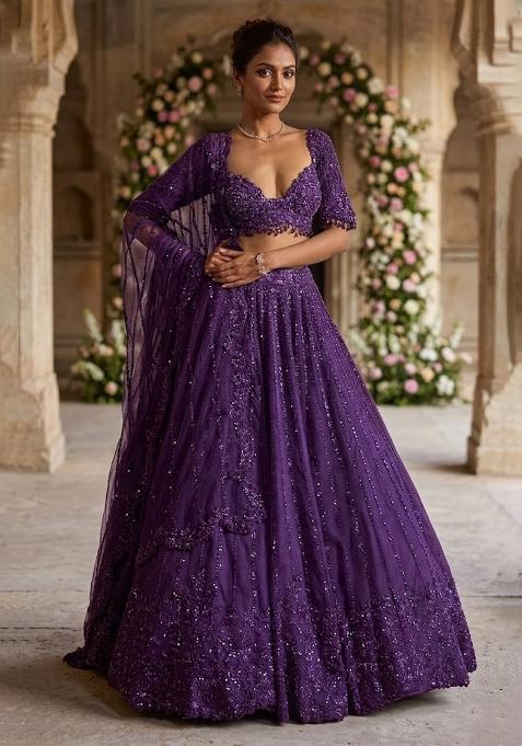 Purple Embroidered Bridal Lehenga Set — view on Indya
