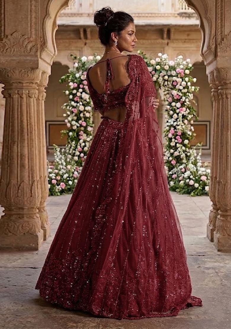 Maroon Embroidered Bridal Lehenga Set - Indya