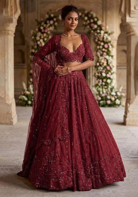 Maroon Embroidered Bridal Lehenga Set — view on Indya