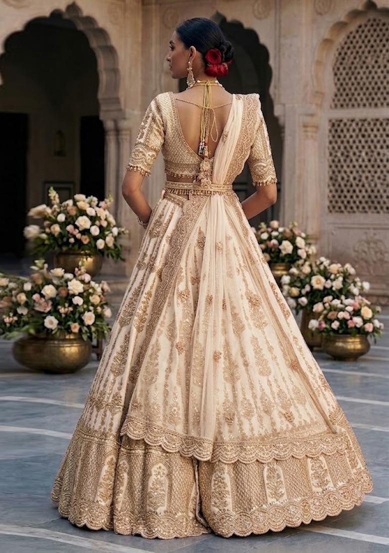 Off White Embroidered Bridal Lehenga Set - Indya