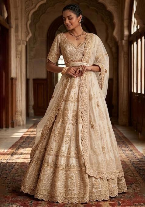 Off White Embroidered Bridal Lehenga Set — view on Indya