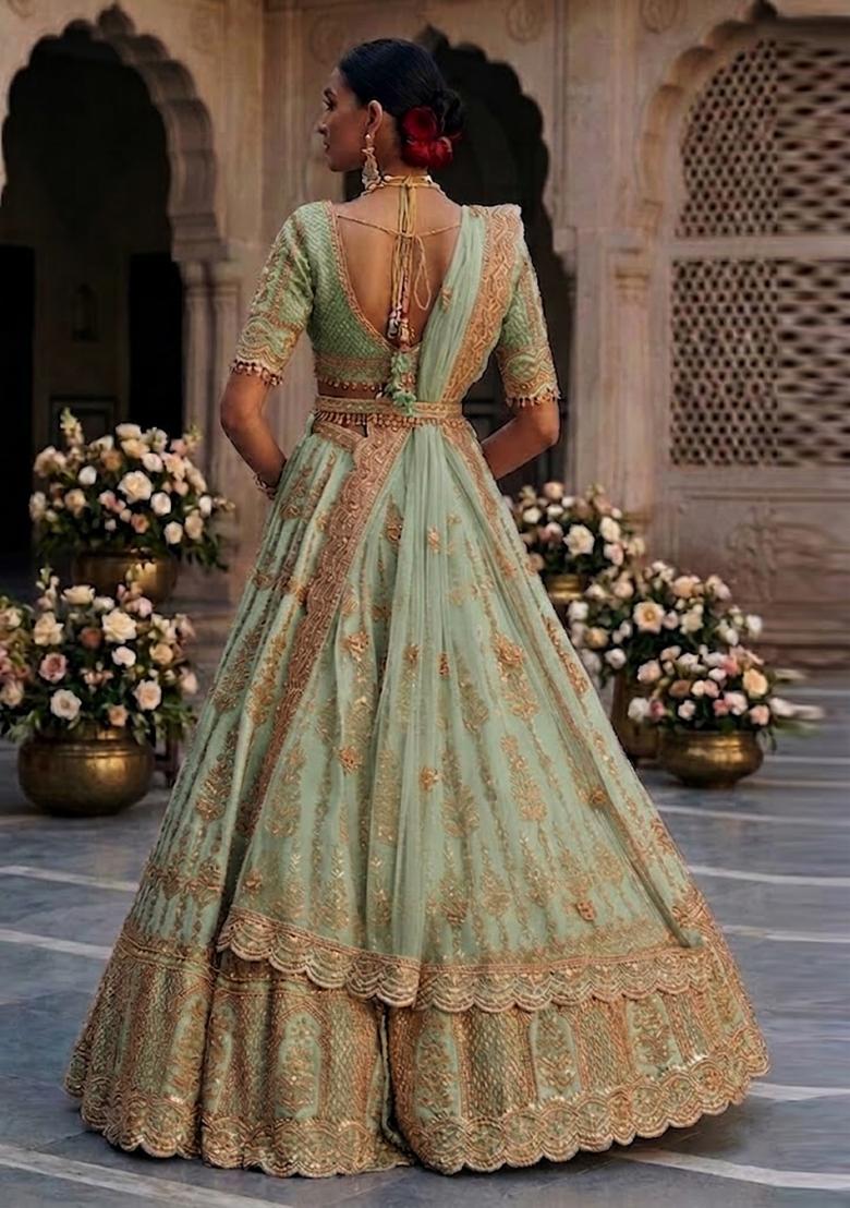 Mint Green Embroidered Bridal Lehenga Set - Indya